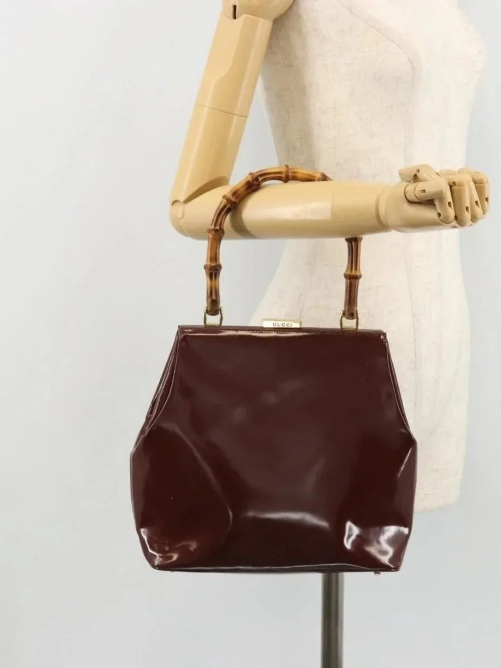 GUCCI Bamboo Hand Bag Patent leather Brown Gold 000 781 0295 Auth 175307
